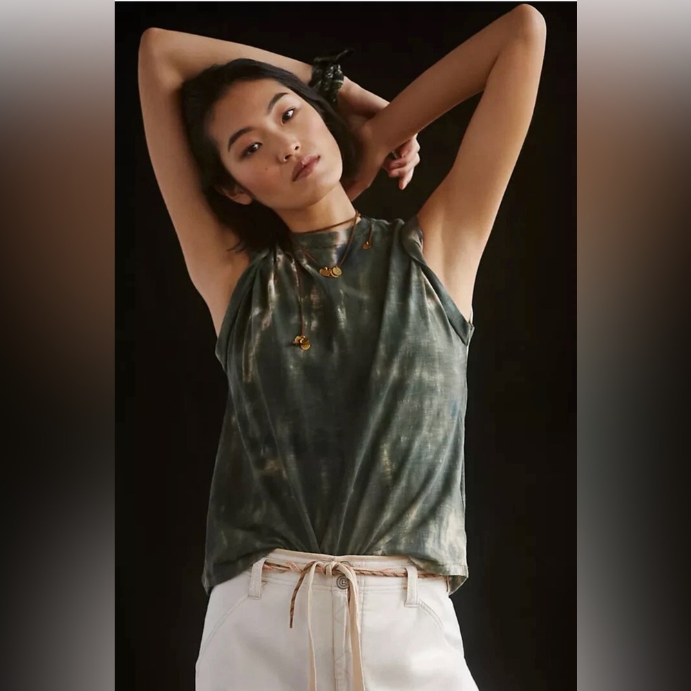 Anthropologie Pilcro Green Tie-Dye Sustainable Roll Sleeve Tank Top XS